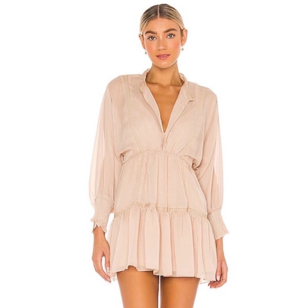 SNDYS Coco Mini Dress Sheer Blush Pink Boho Long Sleeve Ruffle Size US 2